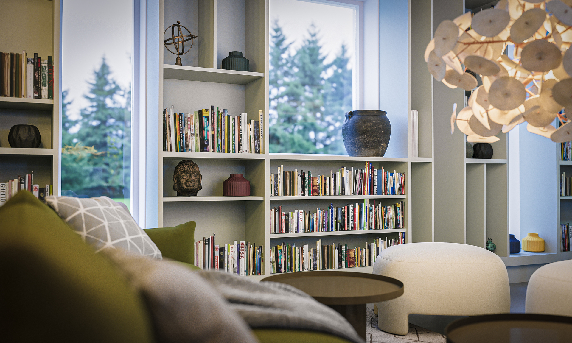 3D bild från K3000 kontorsmiljö med bokhyllor